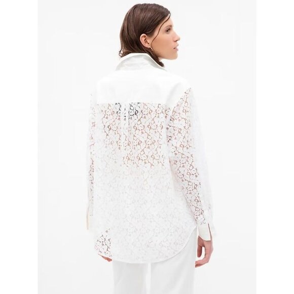 NEW Gap Womens Large White Lace Bib Big Shirt Button Up Long Sleeve Blouse Top - Picture 4 of 16